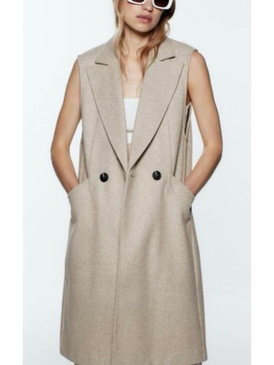 Zara Jackets & Blazers - Zara Womens Tan Sleeveless Boyfriend Trench Vest Size L [jb]